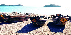 Rowing boats on Dalian beach.